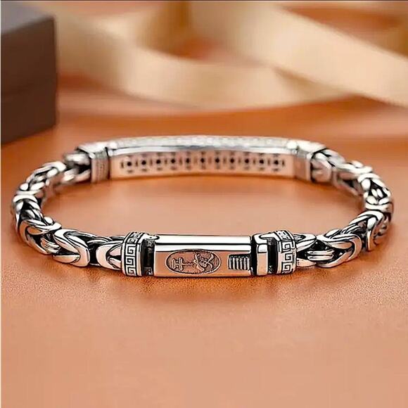 Stainless Steel Chain Link Bracelet, Mantra, Curb Hand Woven Engraved - Picture 2 of 4